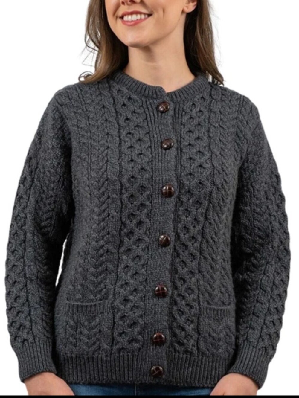 NEW Aran Mills Cardigan Sweater 100% Merino Wool Knit Gray Irish 1X